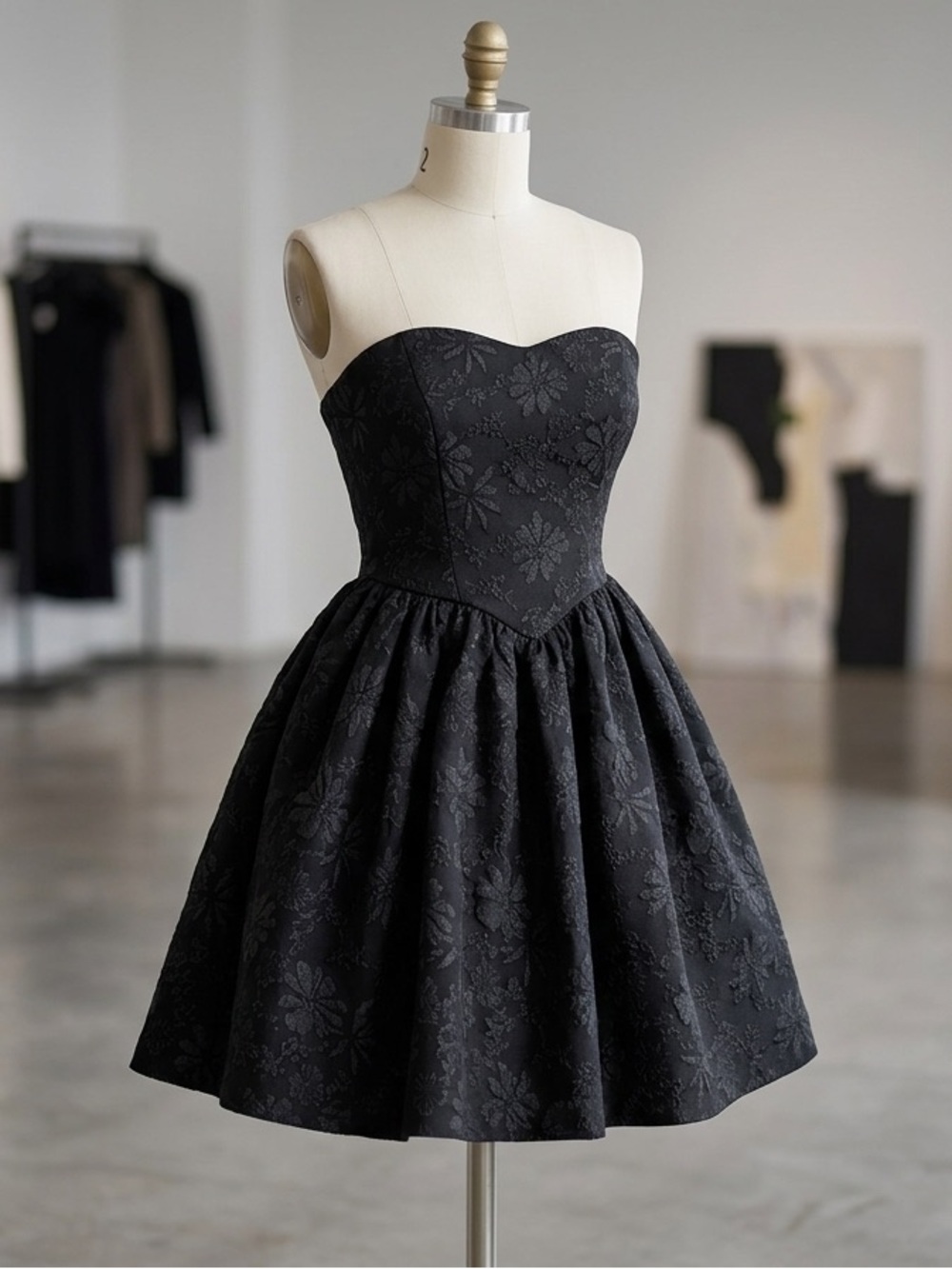 Strapless Black Floral Jacquard Fit-and-Flare Dress